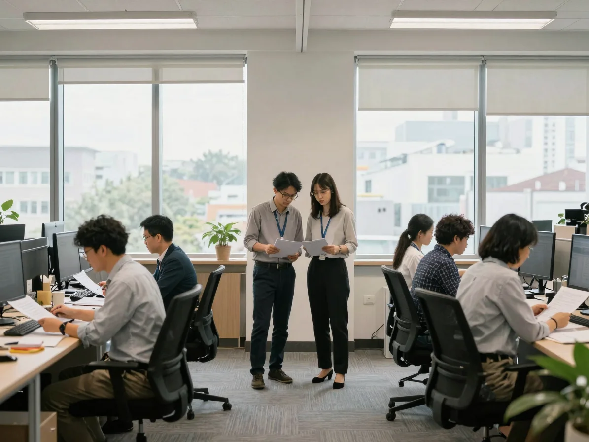 Candid environmental wide of a bright, orderly office with a smal