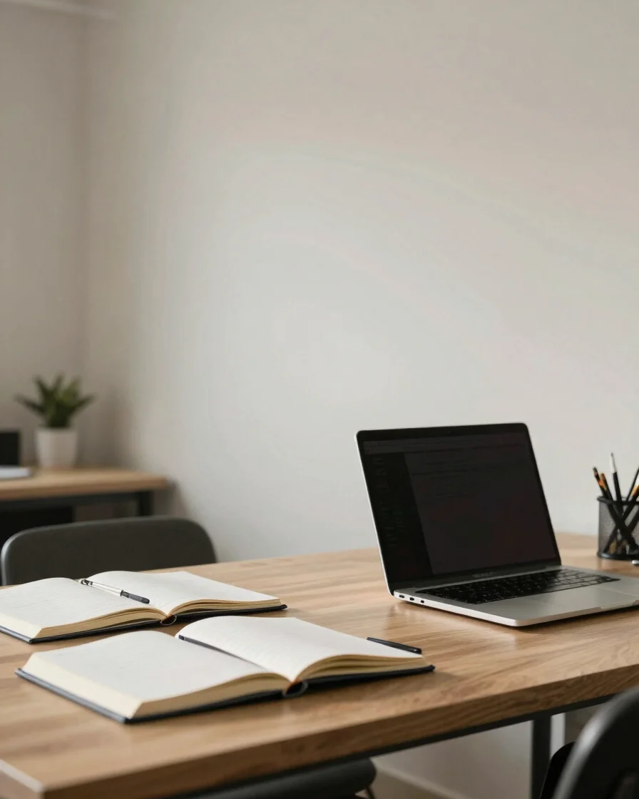 Candid editorial wide photograph of a tidy, sunlit office workspa